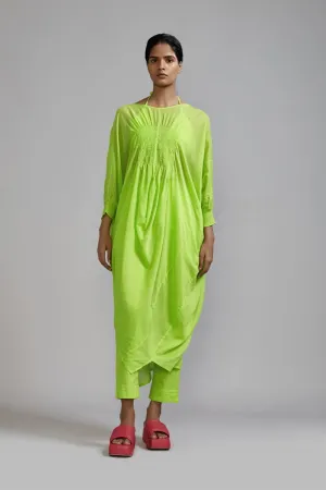 New Season Summer/Fall 2024-Coord Set Green Smocked Cowl Tunic 3pcs Cotton Neon-MT Smoc Cowl Tunic Coord Set-ML Neon Green 3pcs-Fashion Edit Mati