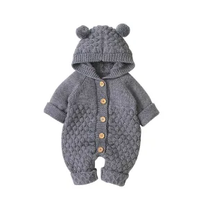 Newborn Baby Knitted Jumpsuit with a Hood - Blue, Grey