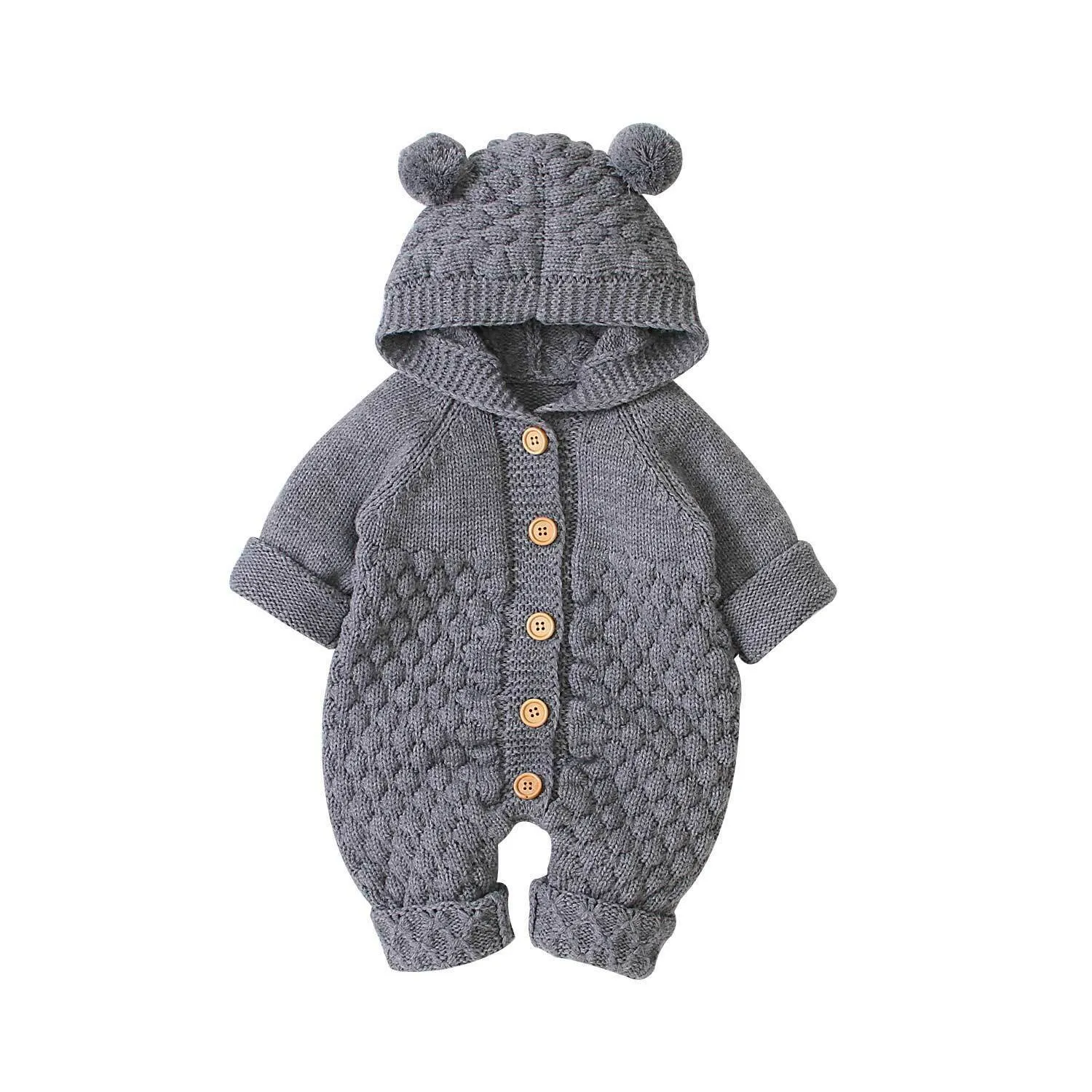 Newborn Baby Knitted Jumpsuit with a Hood - Blue, Grey