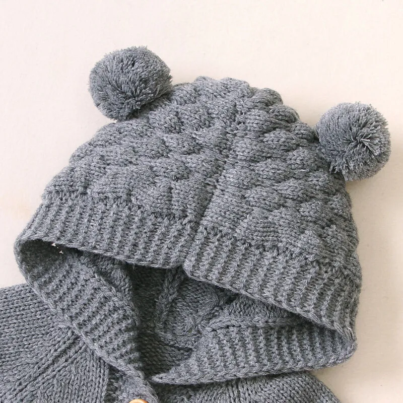 Newborn Baby Knitted Jumpsuit with a Hood - Blue, Grey
