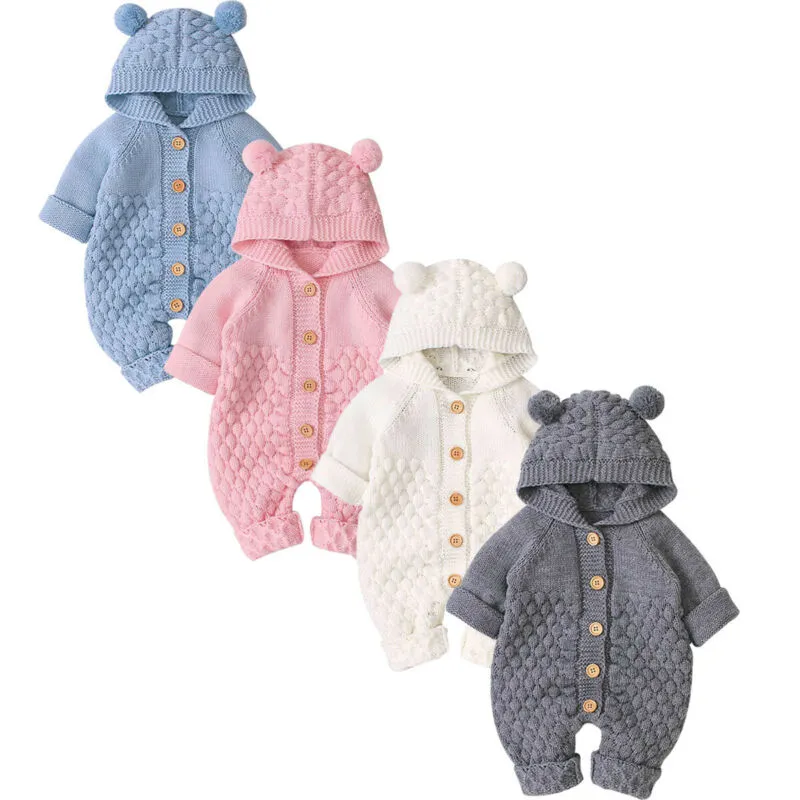 Newborn Infant Unisex Autumn-Winter Knitted Jumpsuit with a Hood - White, Pink