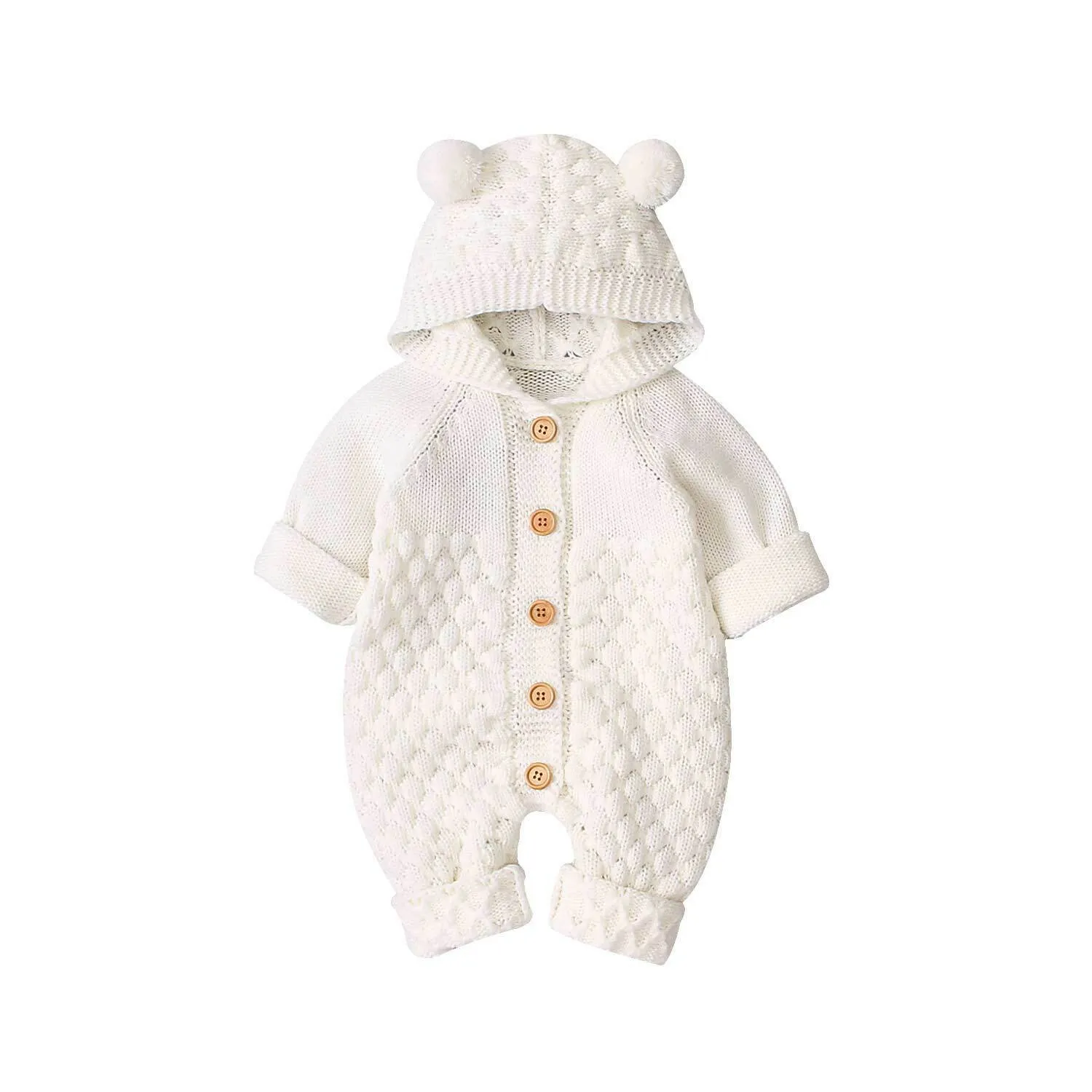 Newborn Infant Unisex Autumn-Winter Knitted Jumpsuit with a Hood - White, Pink