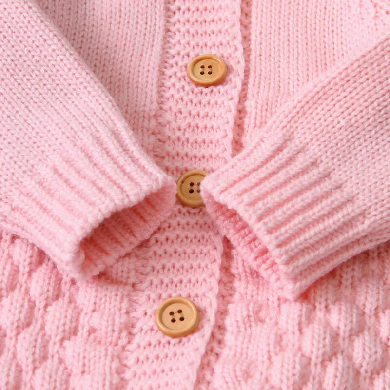 Newborn Infant Unisex Autumn-Winter Knitted Jumpsuit with a Hood - White, Pink