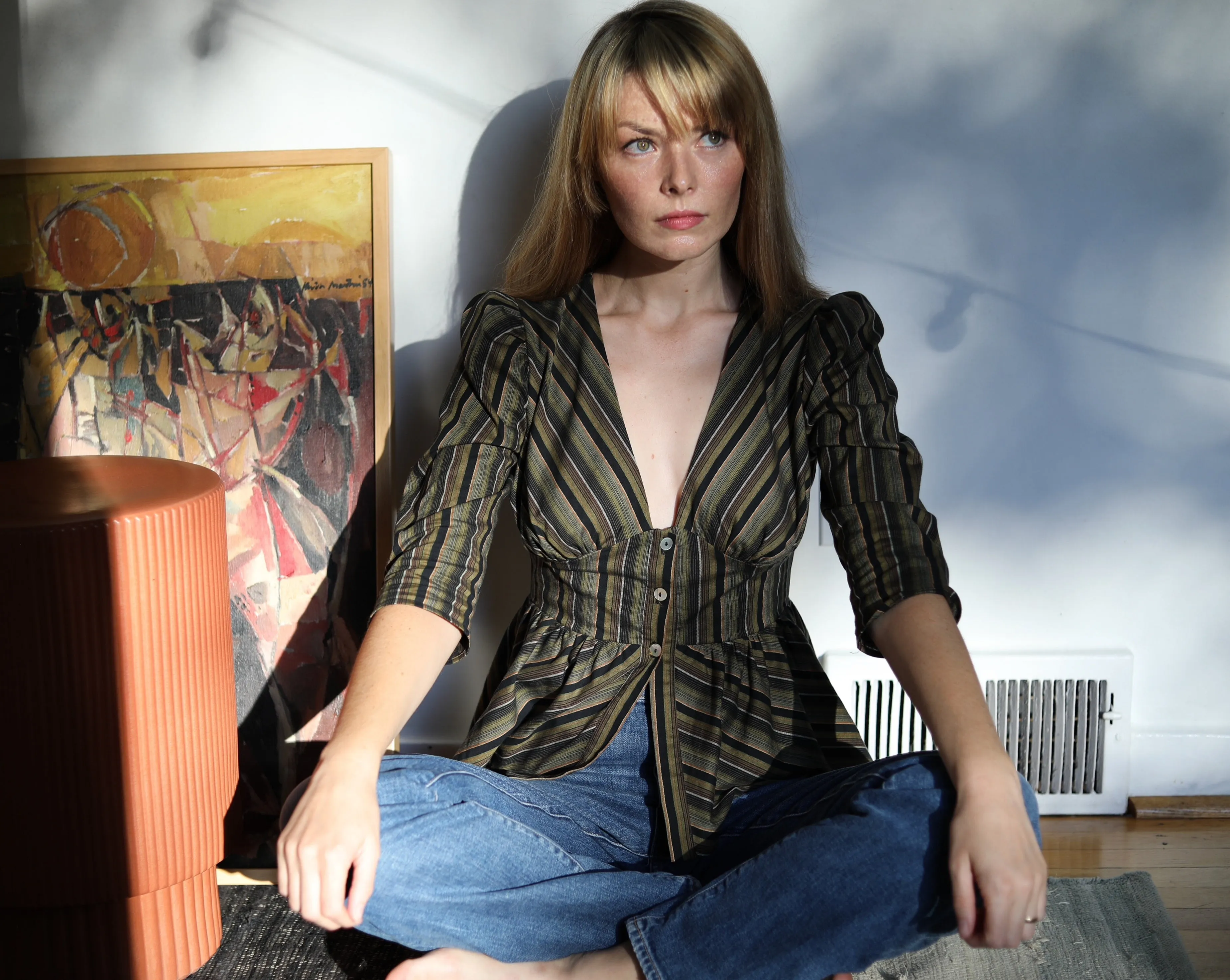 Nia Top / Olive Woven Stripe Cotton