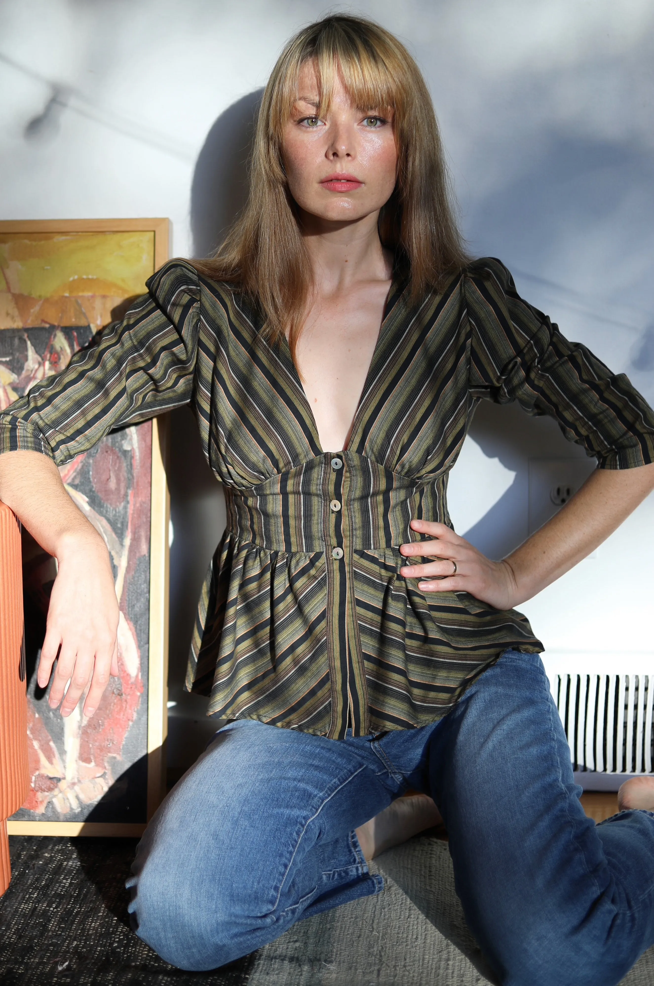 Nia Top / Olive Woven Stripe Cotton