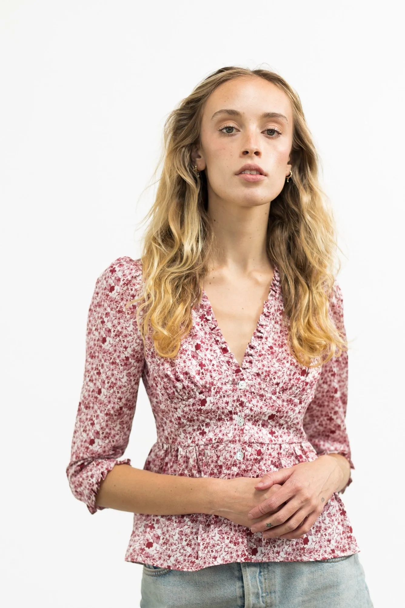 Nia Top / Pink   Milkly White Liberty Floral Cotton with Ruffle