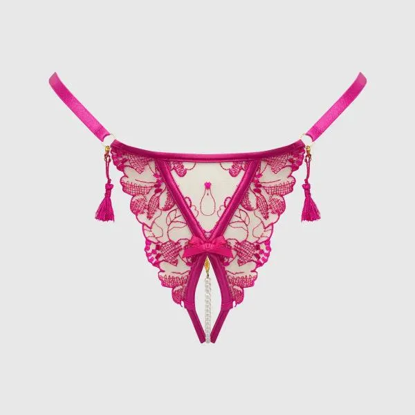 Nova Blacklight Lace Crotchless Pearl G-String - Pink Dragon -