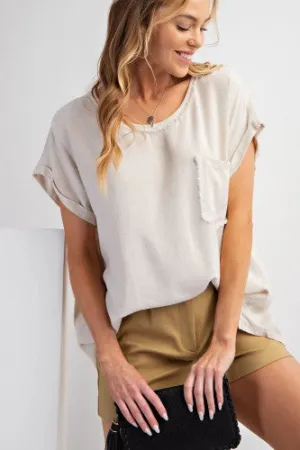 Oatmeal Cotton S/S Fray Pocket Tee
