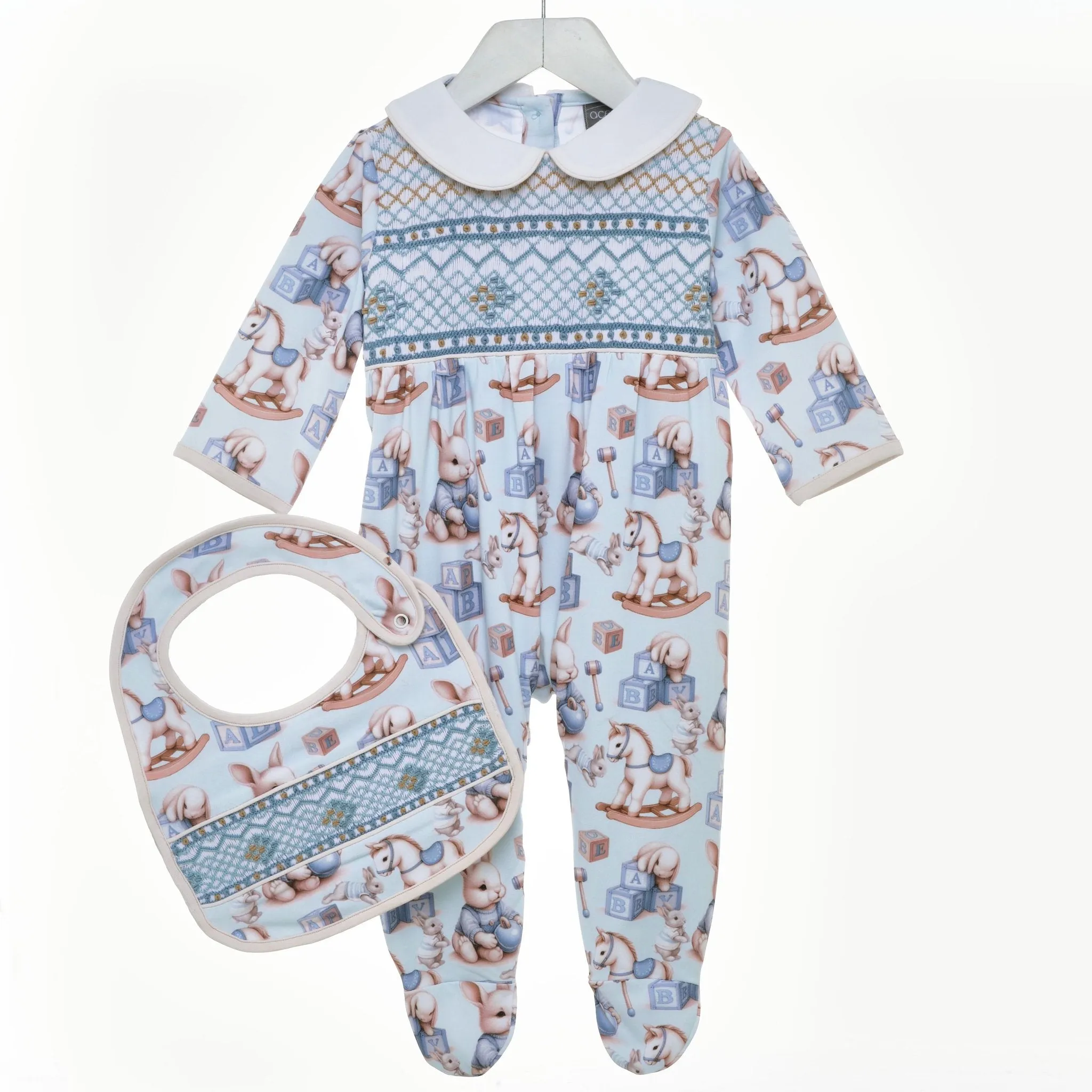 Ocean Baby Boys Smocked Vintage Toy & Bunny Print Sleepsuit & Bib Set (NB-18M)