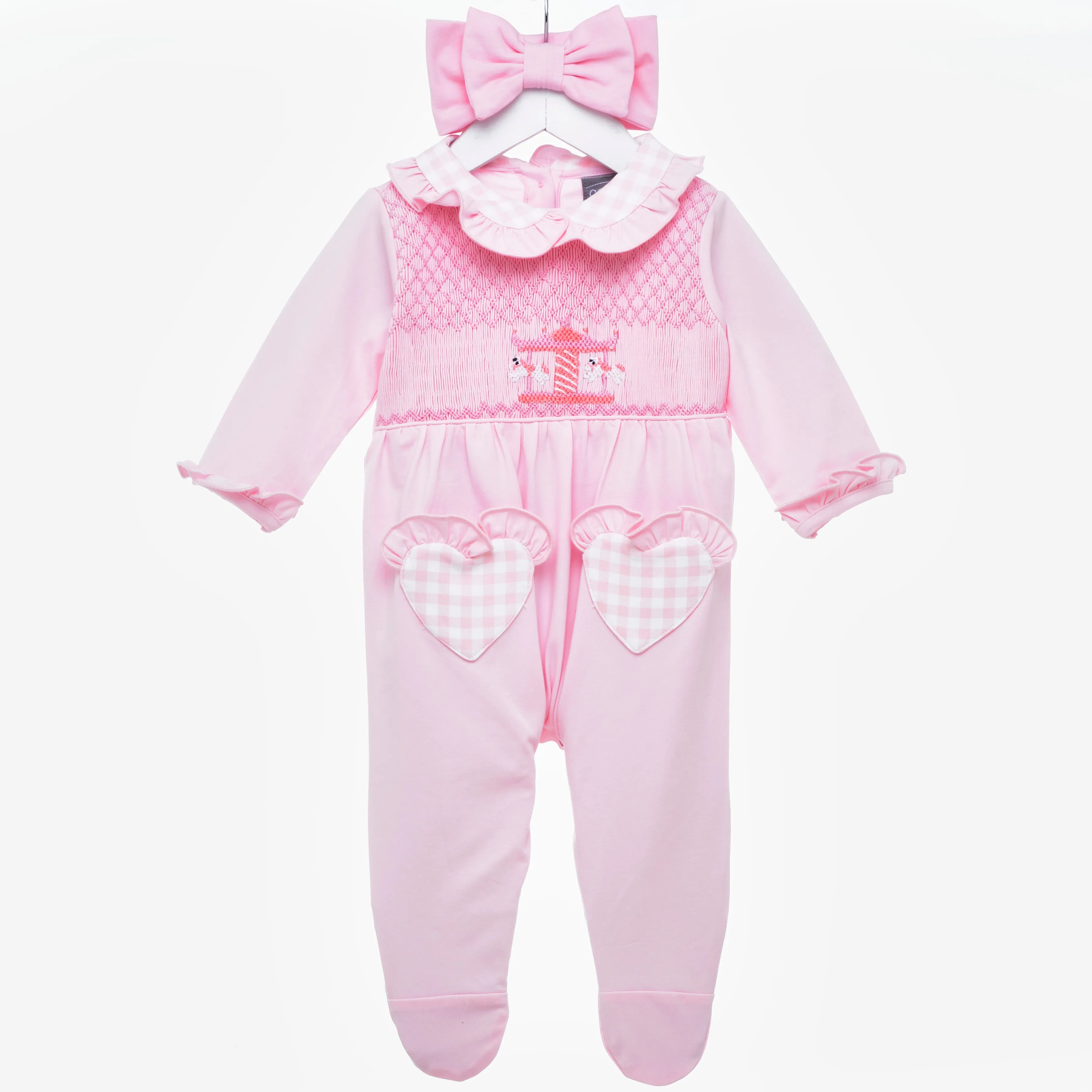 Ocean Baby Girls Pink Full Front Smocked Carousel Sleepsuit & Headband Set (NB-18M)
