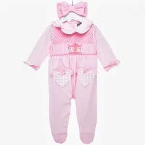 Ocean Baby Girls Pink Full Front Smocked Carousel Sleepsuit & Headband Set (NB-18M)