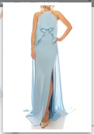 Odrella 1088 Blue Halter Evening Gown with Court Train