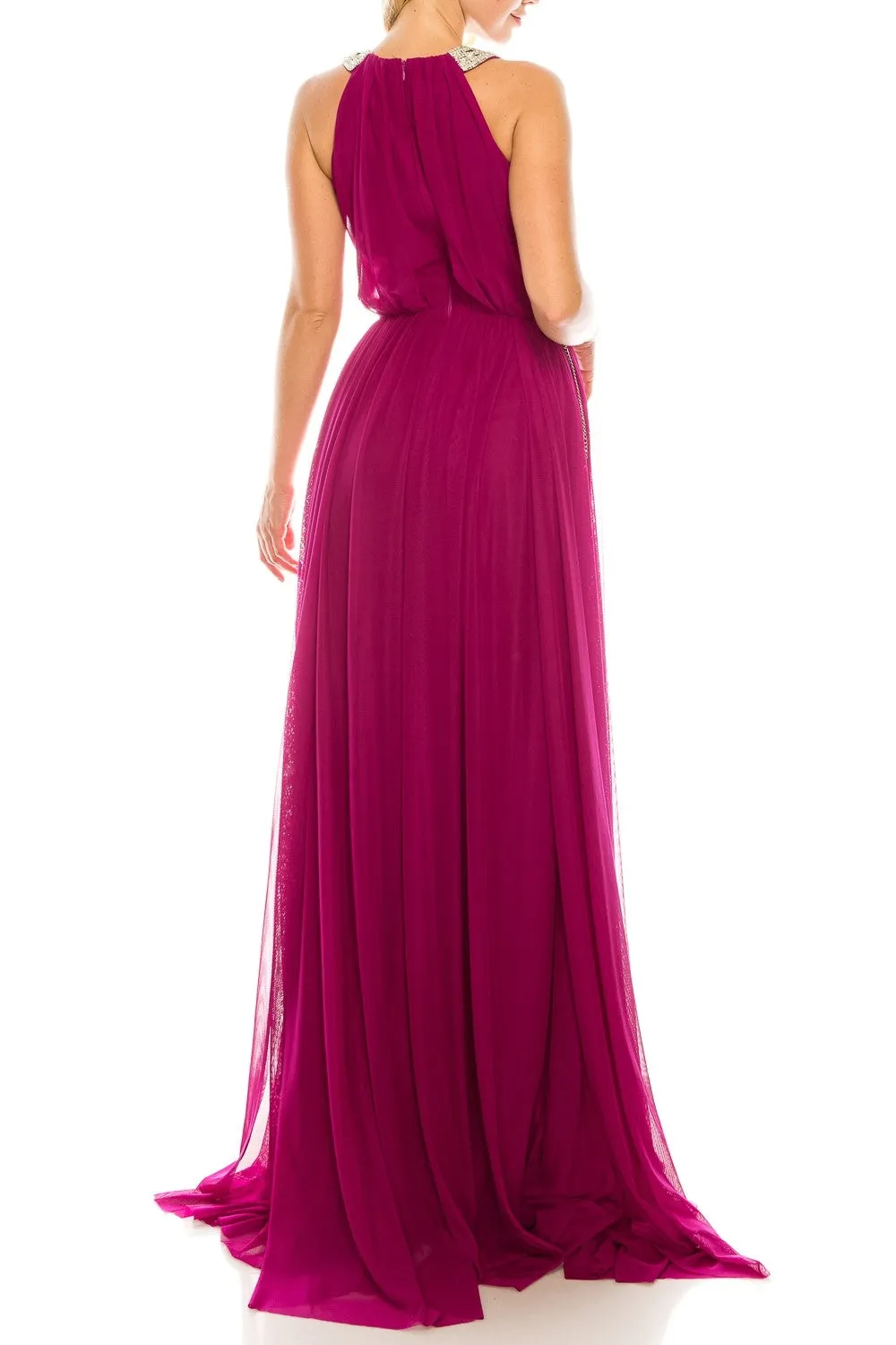 Odrella 4744 Magenta Rhinestoned Halter Evening Gown