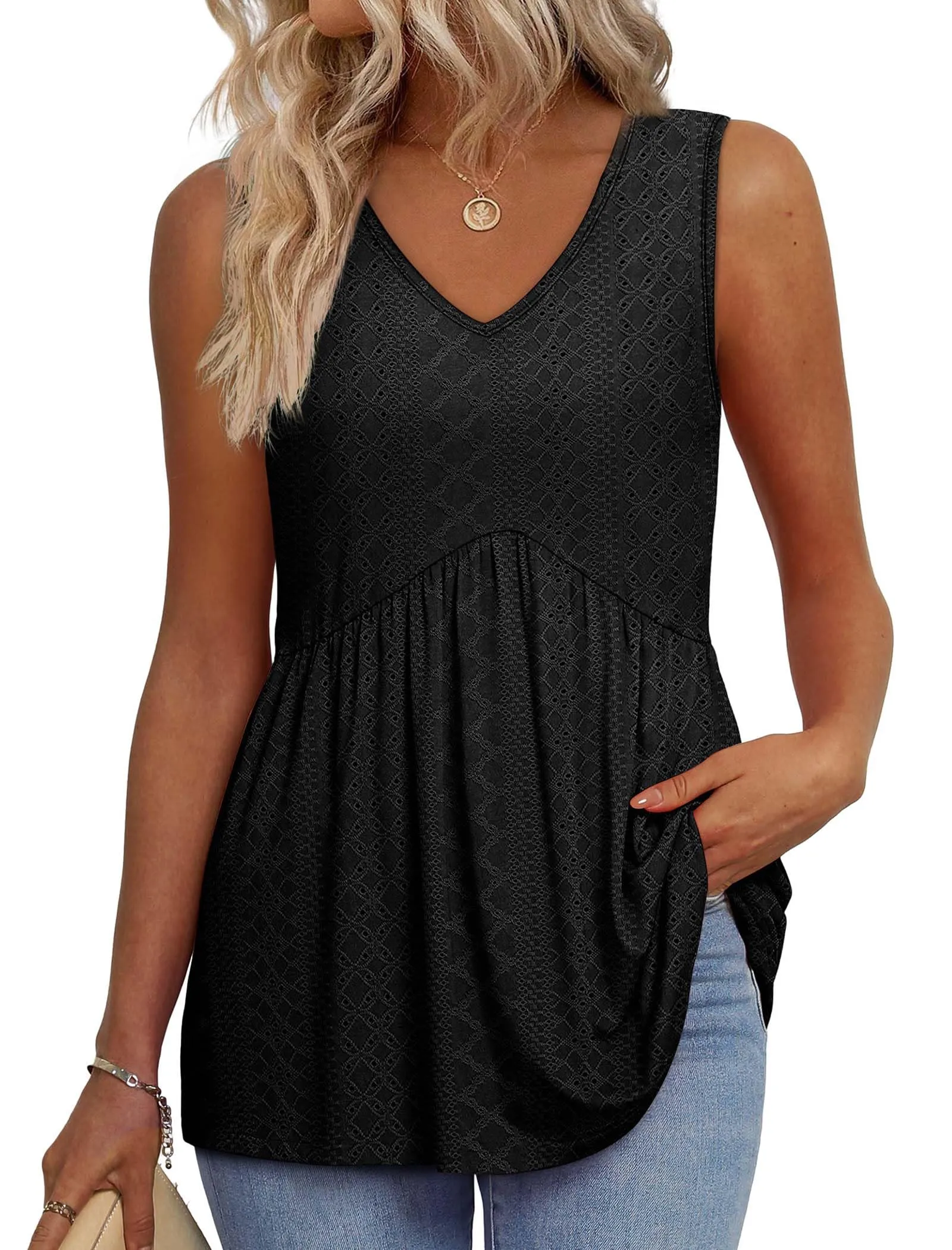 OFEEFAN Womens Tank Tops 2025 Flowy Peplum Tops for Women Dressy Sleeveless V Neck Babydoll Tank Tops.