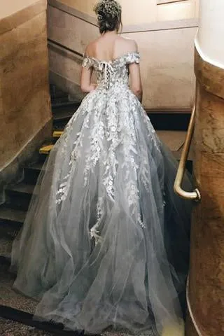 Off Shoulder Grey Lace Beaded A-line Long Evening Prom Dresses, QB0439