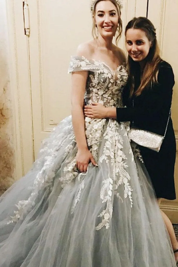 Off Shoulder Grey Lace Beaded A-line Long Evening Prom Dresses, QB0439