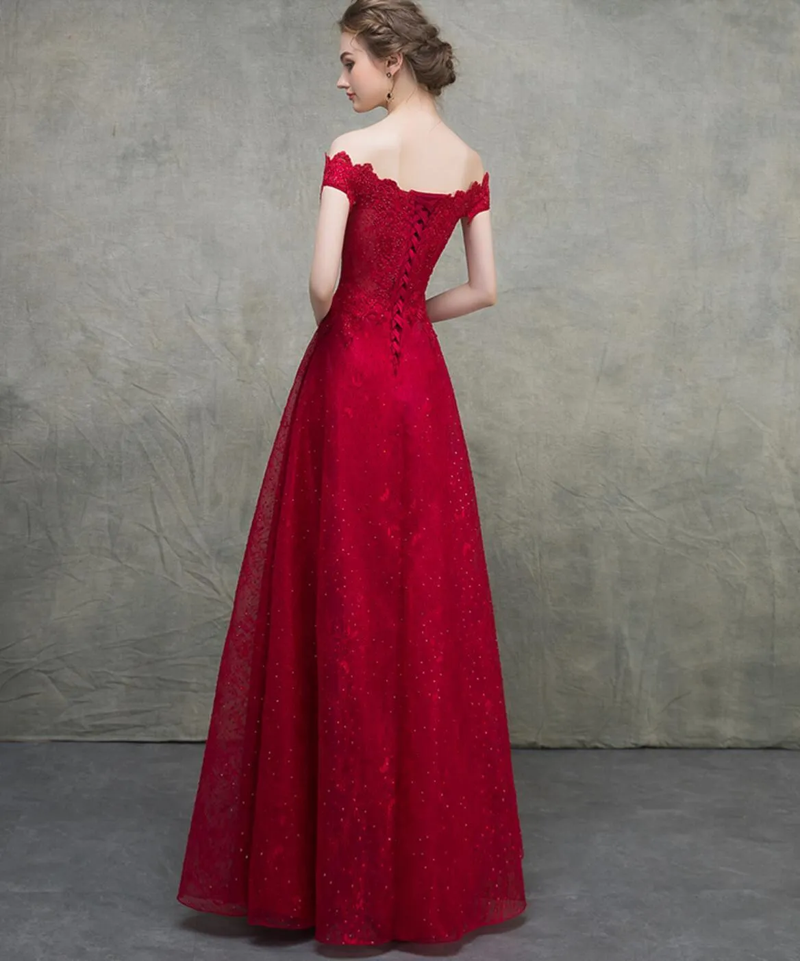 Off Shoulder Red Lace Beaded A-line Long Evening Prom Dresses, Evening Party Prom Dresses, 12328
