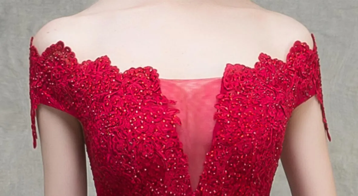 Off Shoulder Red Lace Beaded A-line Long Evening Prom Dresses, Evening Party Prom Dresses, 12328