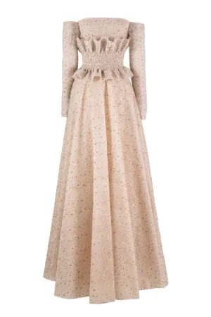 Off-Shoulder Tulle Embroidered Dress With A Detachable Peplum
