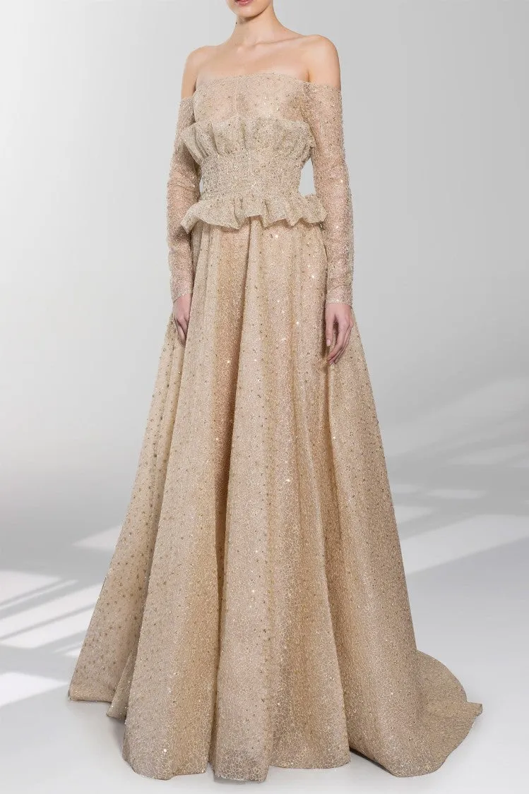 Off-Shoulder Tulle Embroidered Dress With A Detachable Peplum