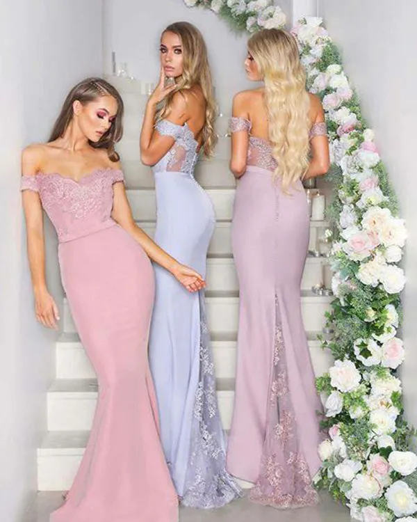Off The Shoulder Lace Mermaid Bridesmaid Dresses Sheer Lace Train Long Party Gowns