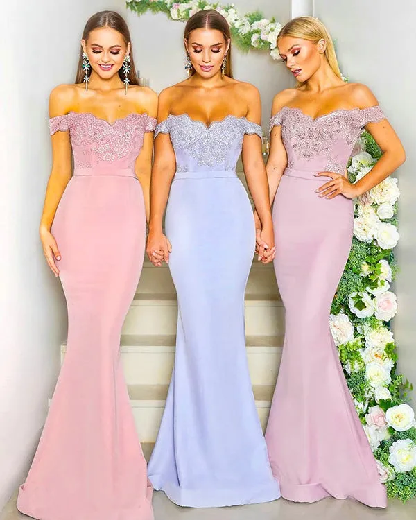 Off The Shoulder Lace Mermaid Bridesmaid Dresses Sheer Lace Train Long Party Gowns