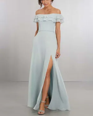Off The Shoulder Long Bridesmaid Dresses 2018 Light Sky Blue Bridesmaid Gowns with Split