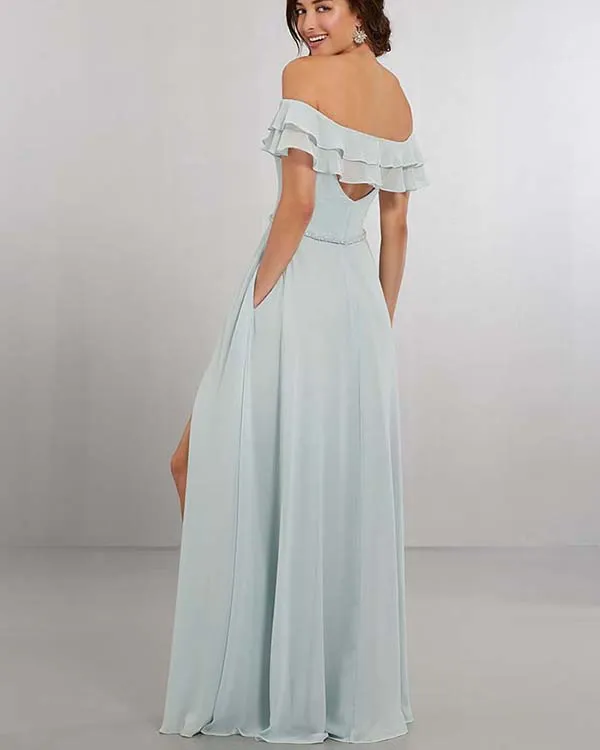 Off The Shoulder Long Bridesmaid Dresses 2018 Light Sky Blue Bridesmaid Gowns with Split