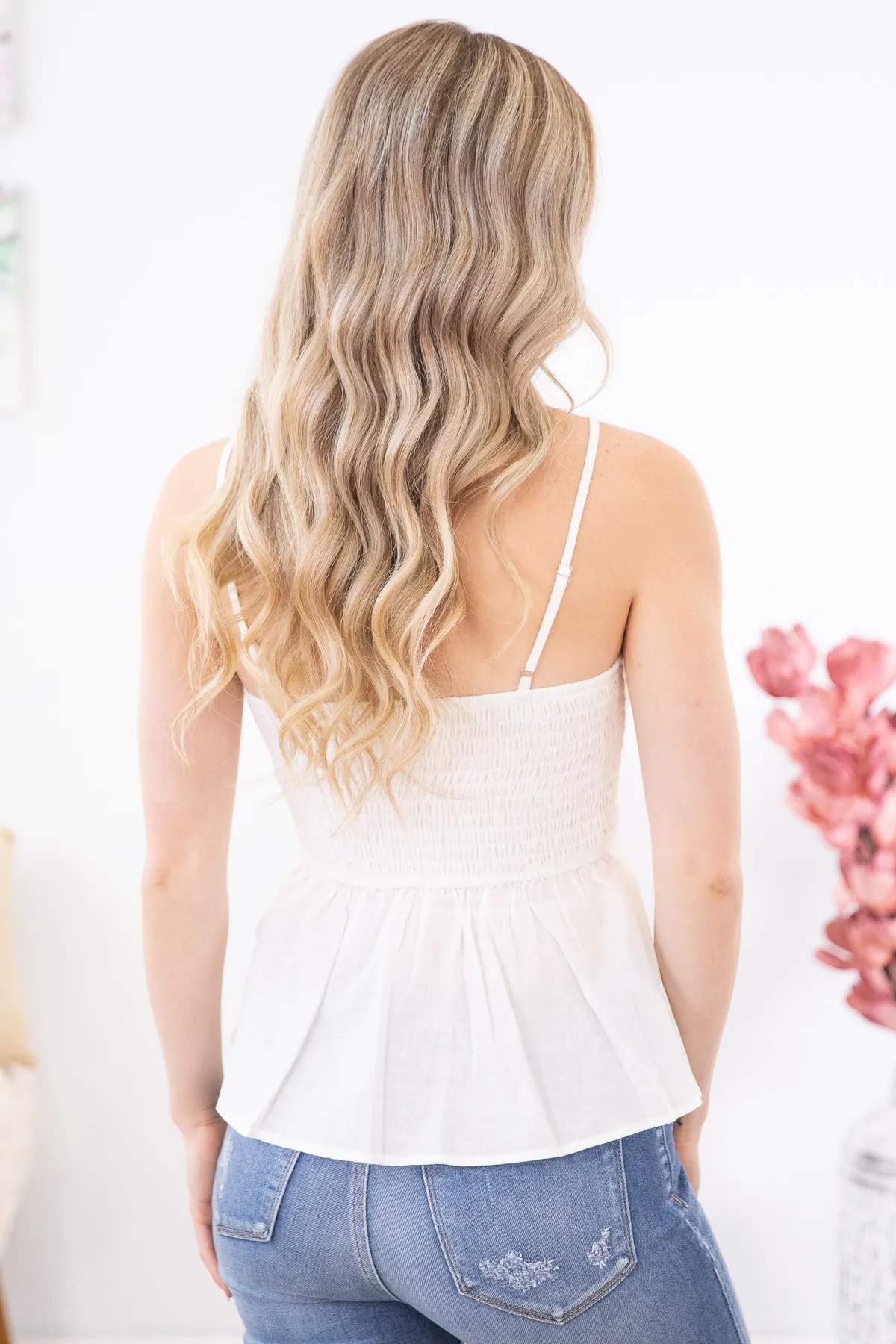 Off White Smocked Bodice Peplum Tank