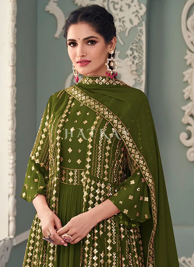 Olive Green Golden Sequence Embroidered Jacket Style Anarkali Suit
