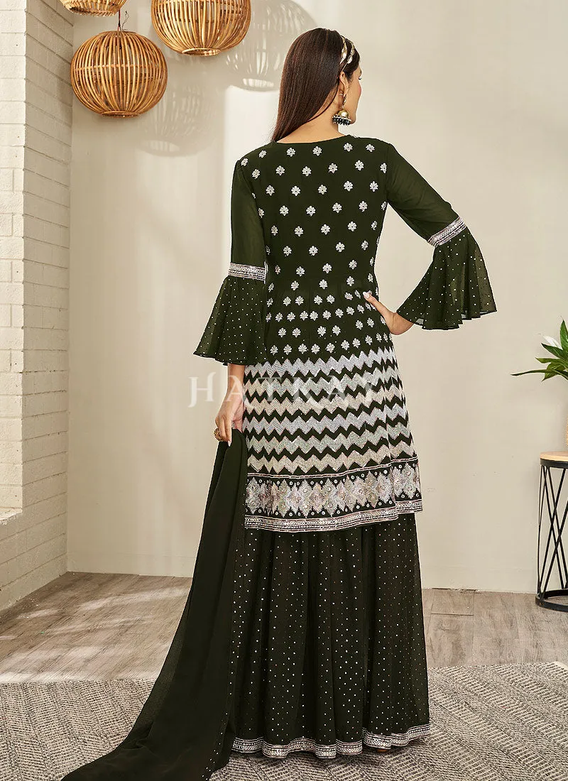 Olive Green Traditional Embroidered Peplum Anarkali Lehenga
