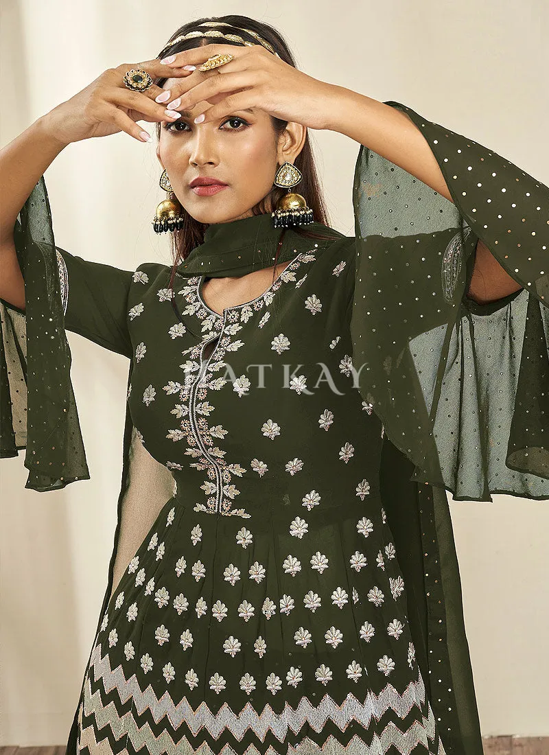 Olive Green Traditional Embroidered Peplum Anarkali Lehenga