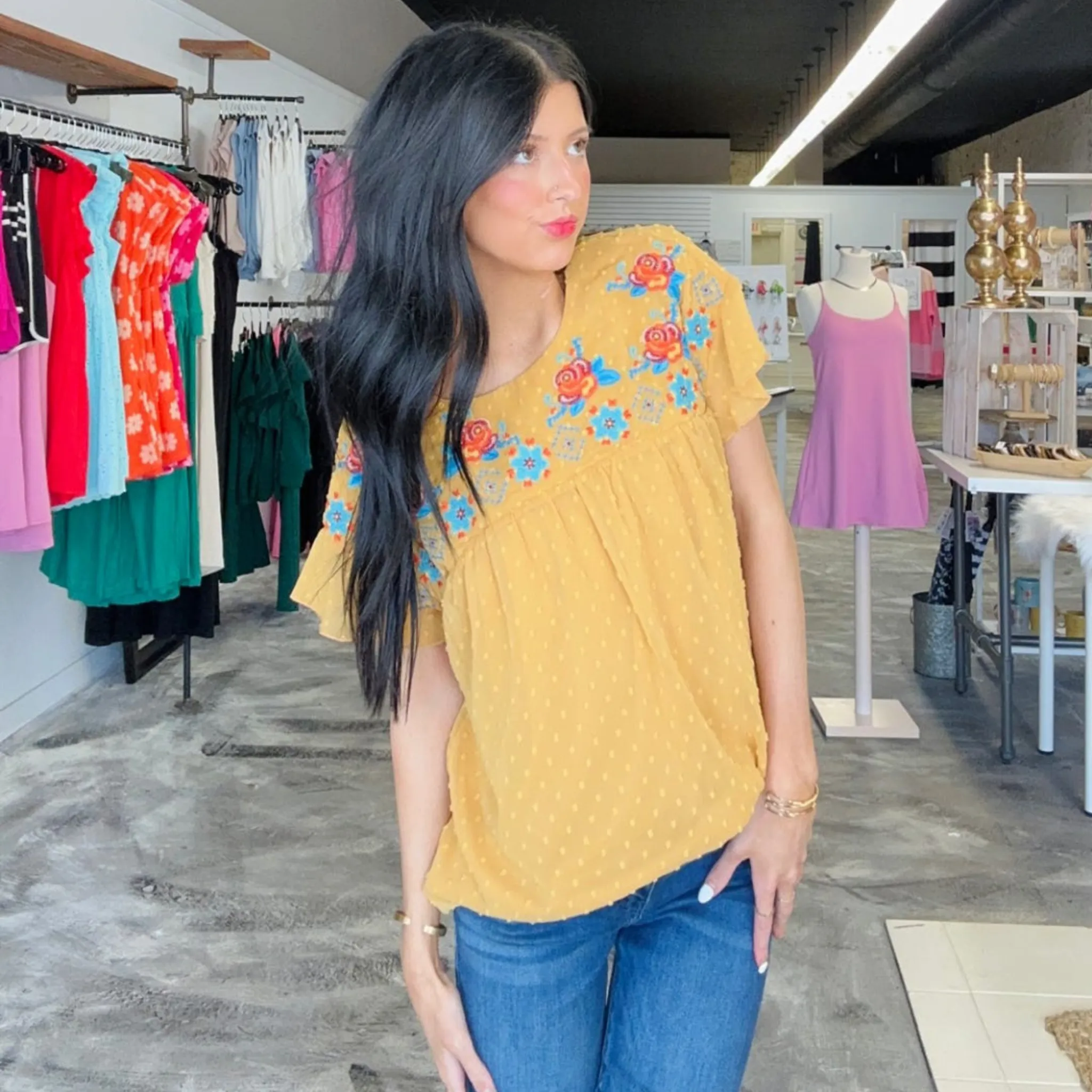 On Your Way Yellow Embroidered Top