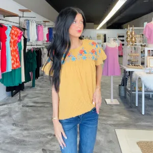 On Your Way Yellow Embroidered Top