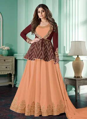 Orange And Brown Peplum Style Anarkali Suit
