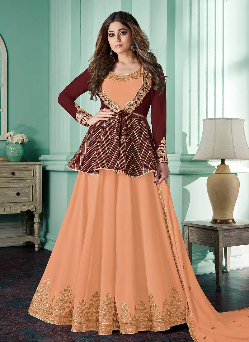 Orange And Brown Peplum Style Anarkali Suit