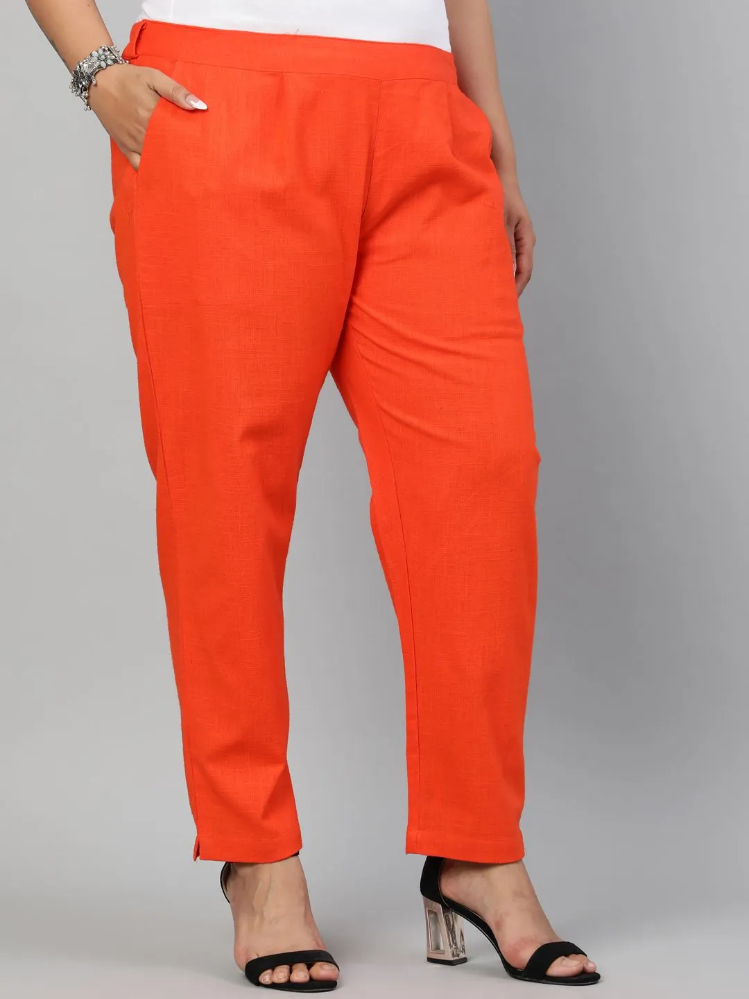 Orange Plus Size Ethnic Wear Cotton Slub Pants