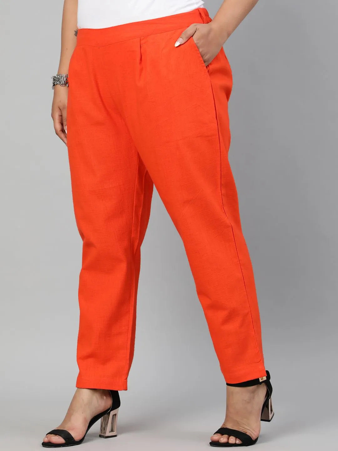 Orange Plus Size Ethnic Wear Cotton Slub Pants