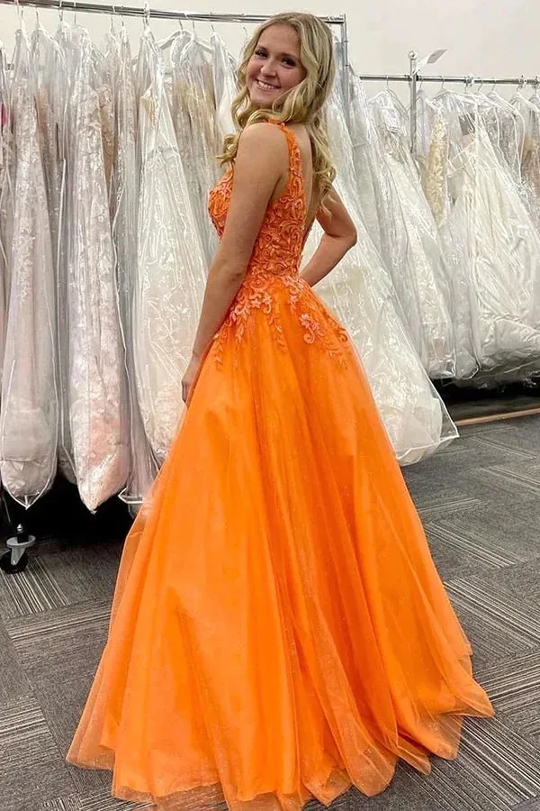 Orange Tulle A-line V-neck Lace Appliques Prom Dresses, Evening Gown, MP827