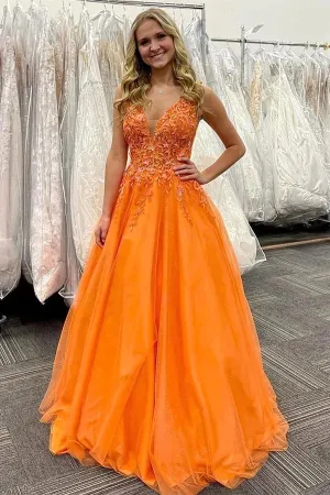 Orange Tulle A-line V-neck Lace Appliques Prom Dresses, Evening Gown, MP827