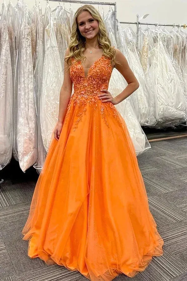 Orange Tulle A-line V-neck Lace Appliques Prom Dresses, Evening Gown, MP827