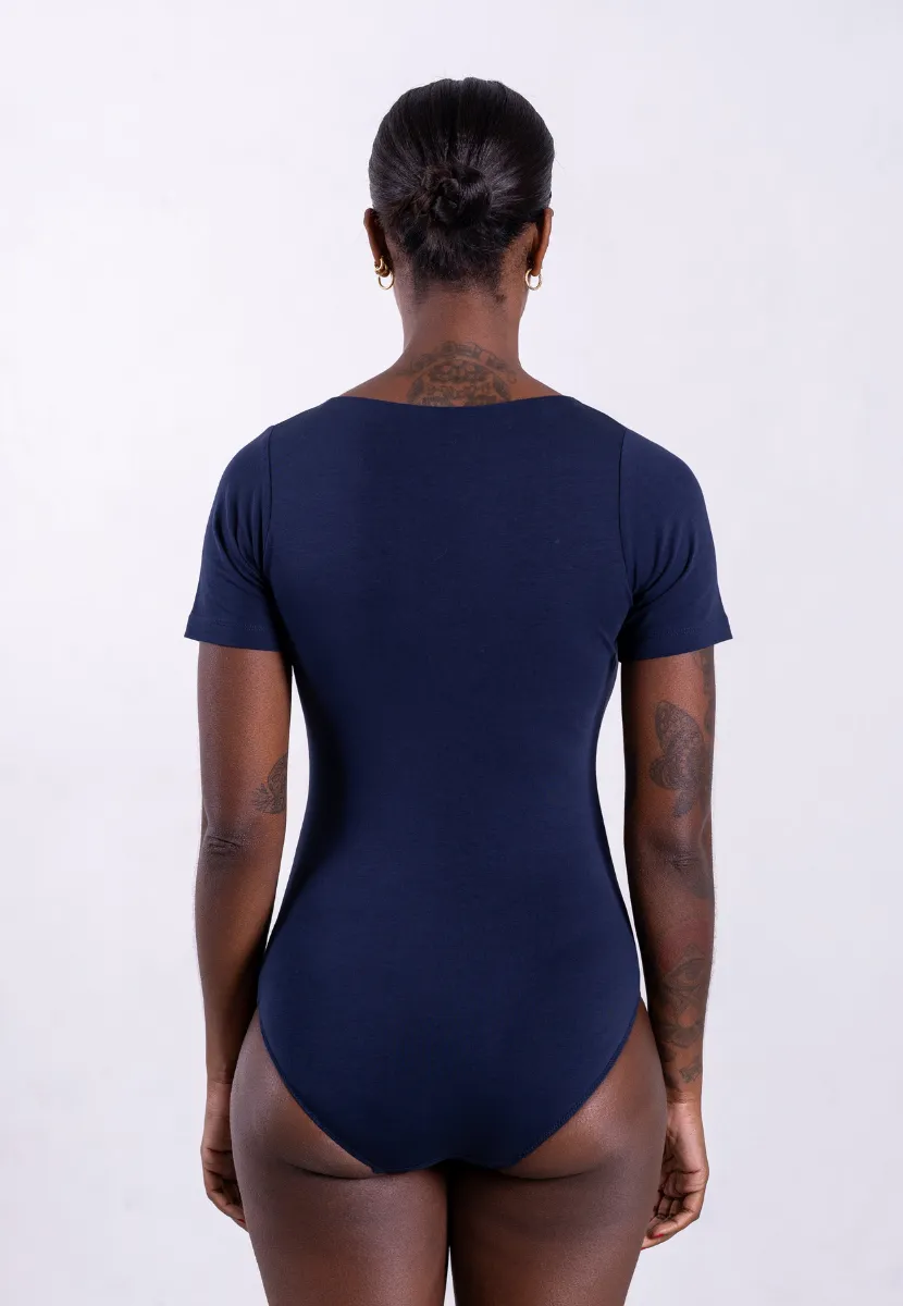 Organic Cotton V-Neck Bodysuit, Blue Navy