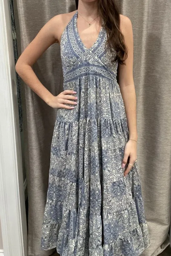 Paani Blue/White Printed Halter Maxi Dress