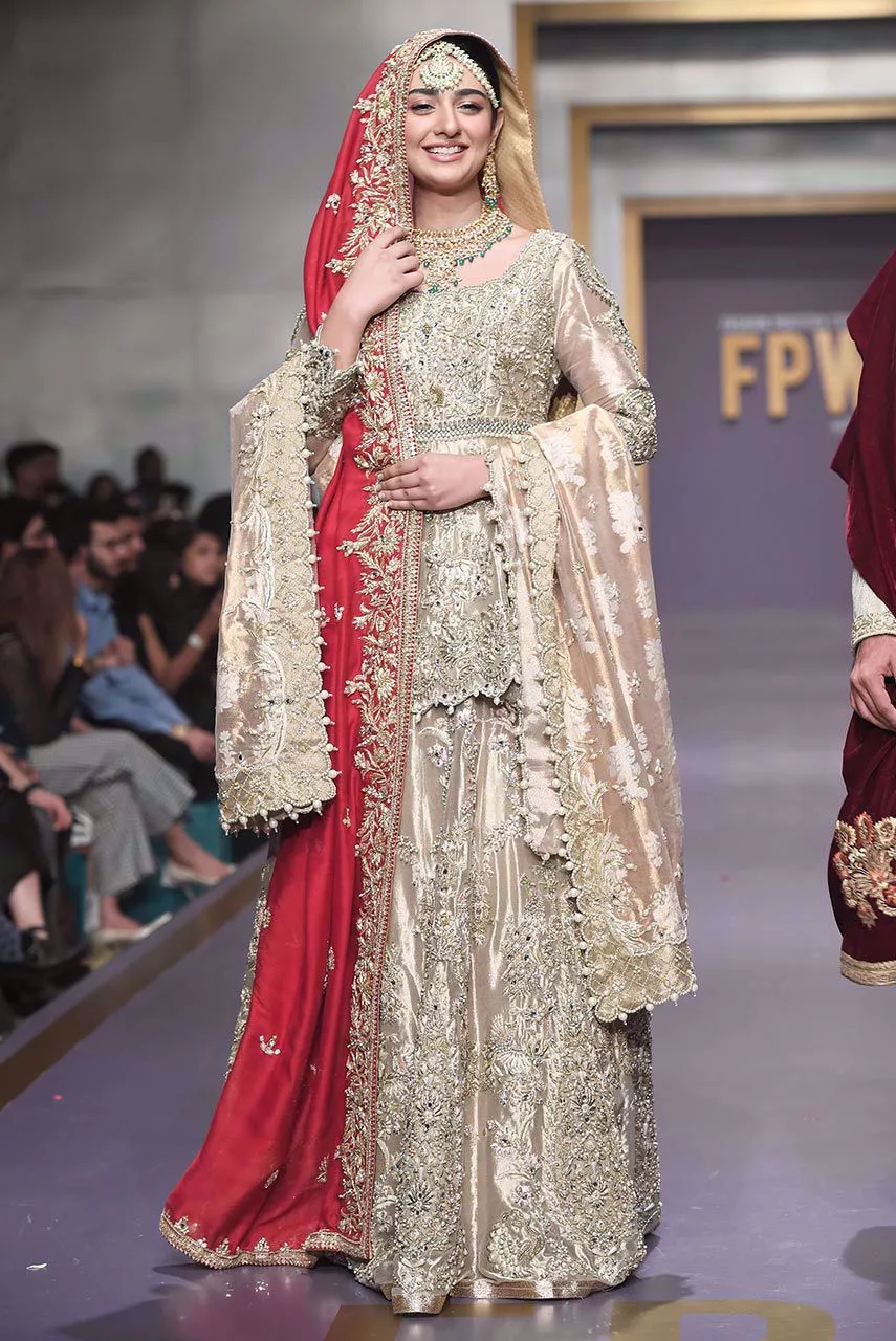 Pakistani Bridal Gold Peplum and Lehnga for Wedding #J4322