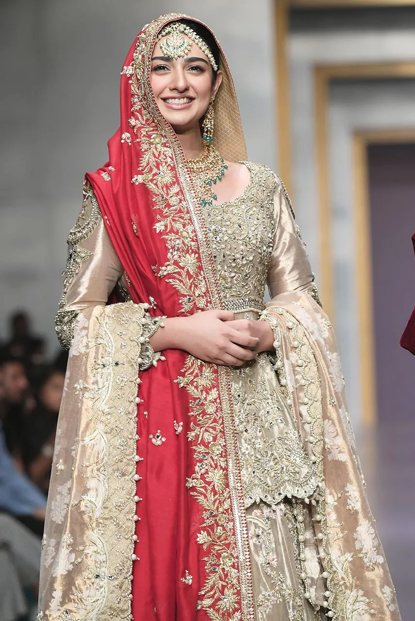 Pakistani Bridal Gold Peplum and Lehnga for Wedding #J4322