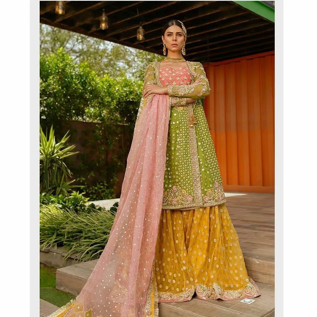 Pakistani Traditional Bridal Lehenga Angrakha Style Multi Color # B1922