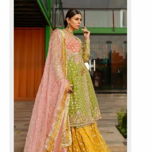 Pakistani Traditional Bridal Lehenga Angrakha Style Multi Color # B1922