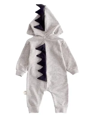 Pale Grey Dinosaur Baby Hooded Onesie With Dark Spikes 3 to 12 months