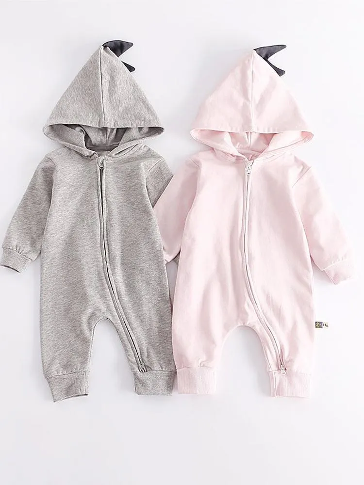 Pale Grey Dinosaur Baby Hooded Onesie With Dark Spikes 3 to 12 months