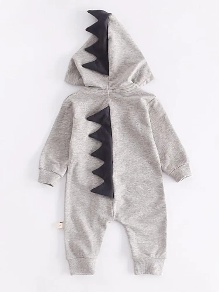 Pale Grey Dinosaur Baby Hooded Onesie With Dark Spikes 3 to 12 months
